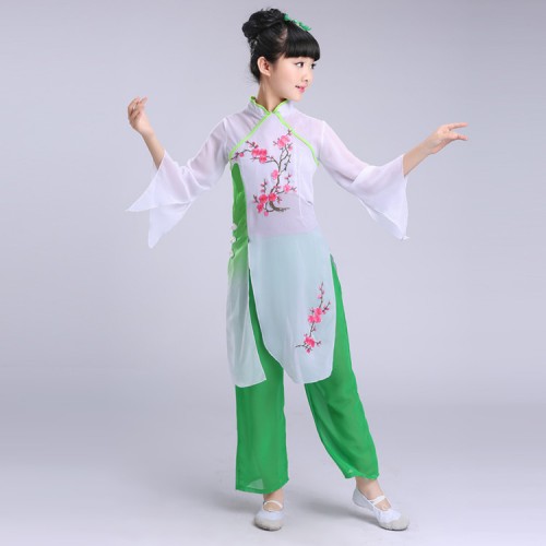 Girls Embroidery gradient pink green Chinese Folk Dance Costumes Children Fan Yangko Classical fairy Dance Stage Performance Clothing dresses